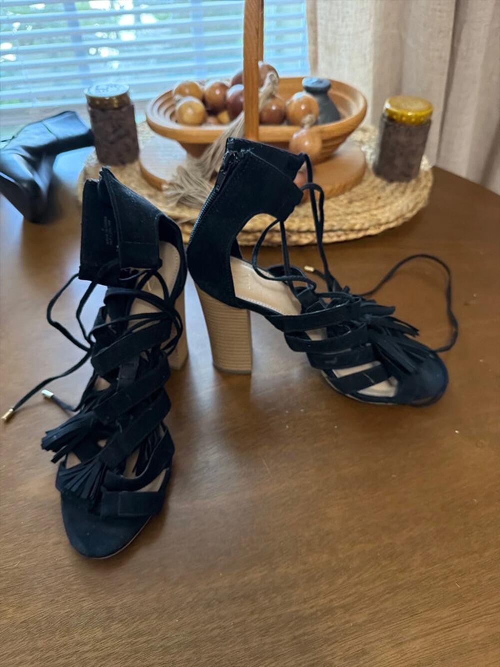 New York and Company, black folk suede zip back gladiator heel with tassel 8 332